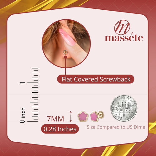14k Yellow Gold Flower Stud Earrings with Pink Enamel, Covered Screwback Closure for Girls and Women