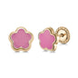 14k Yellow Gold Flower Stud Earrings with Pink Enamel, Covered Screwback Closure for Girls and Women