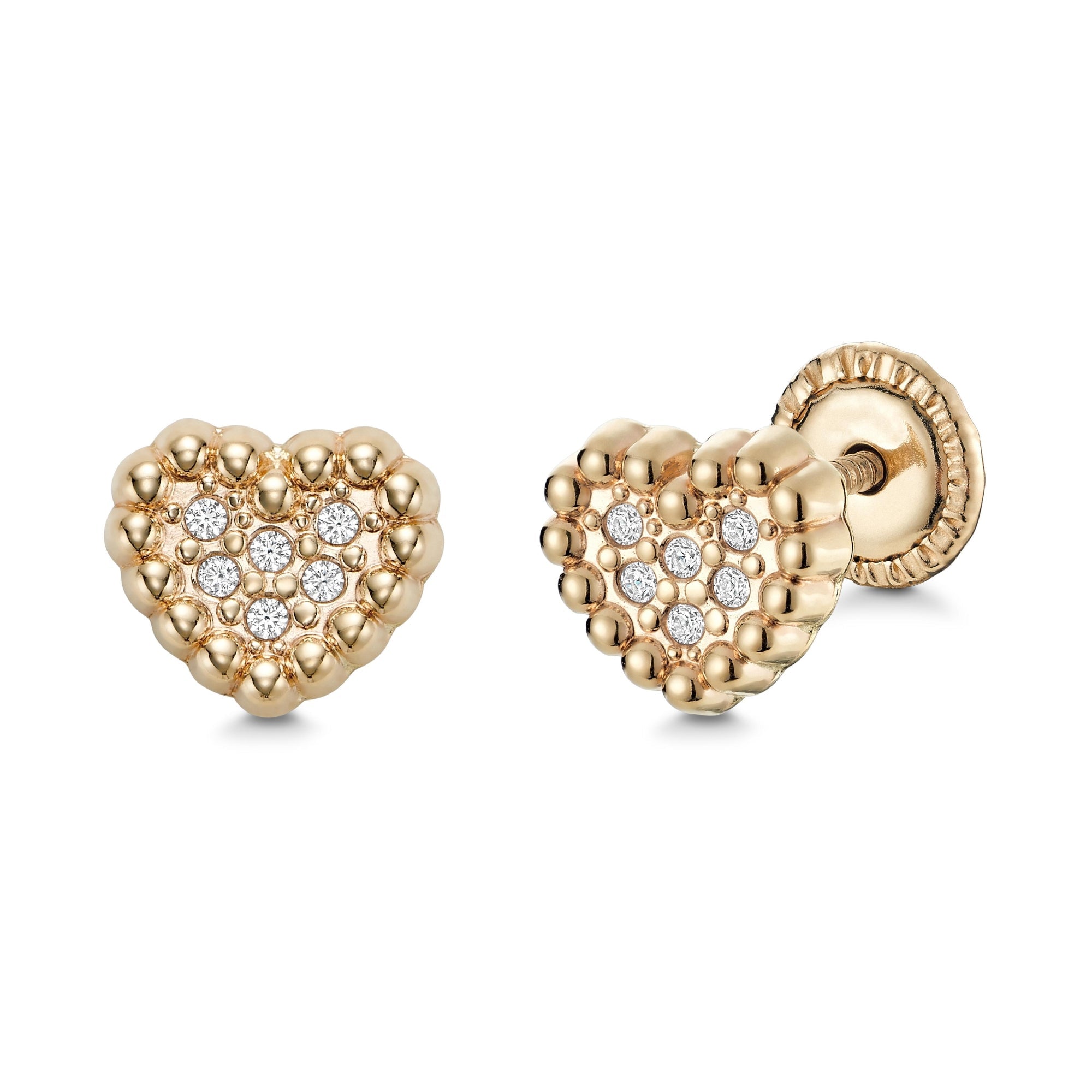 14k Yellow Gold Heart Stud Earrings - Pave Simulated Diamonds, Beaded Style Heart Outline for Women and Girls