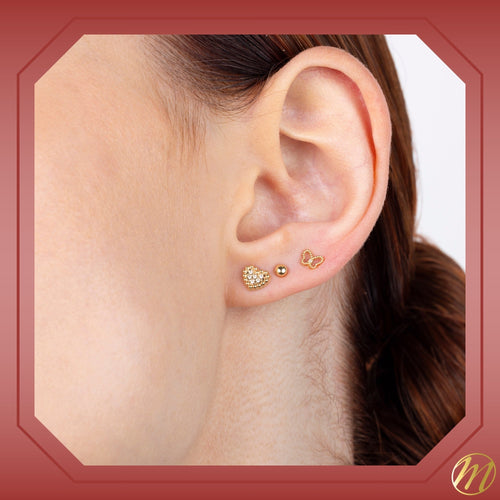 14k Yellow Gold Heart Stud Earrings - Pave Simulated Diamonds, Beaded Style Heart Outline for Women and Girls