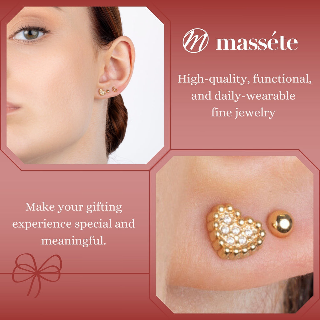 14k Yellow Gold Heart Stud Earrings - Pave Simulated Diamonds, Beaded Style Heart Outline for Women and Girls
