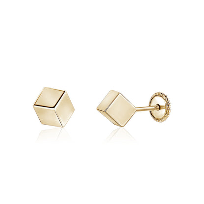 14k Yellow Gold Cube Earrings Screwback 4mm Women Girls Teens on Angle