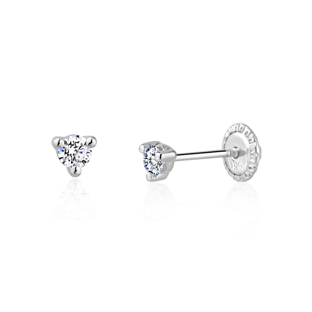 14k Gold 3 Prong Simulated Diamond Stud Earrings Martini Style| 3mm 4mm 5mm | Covered Screwback