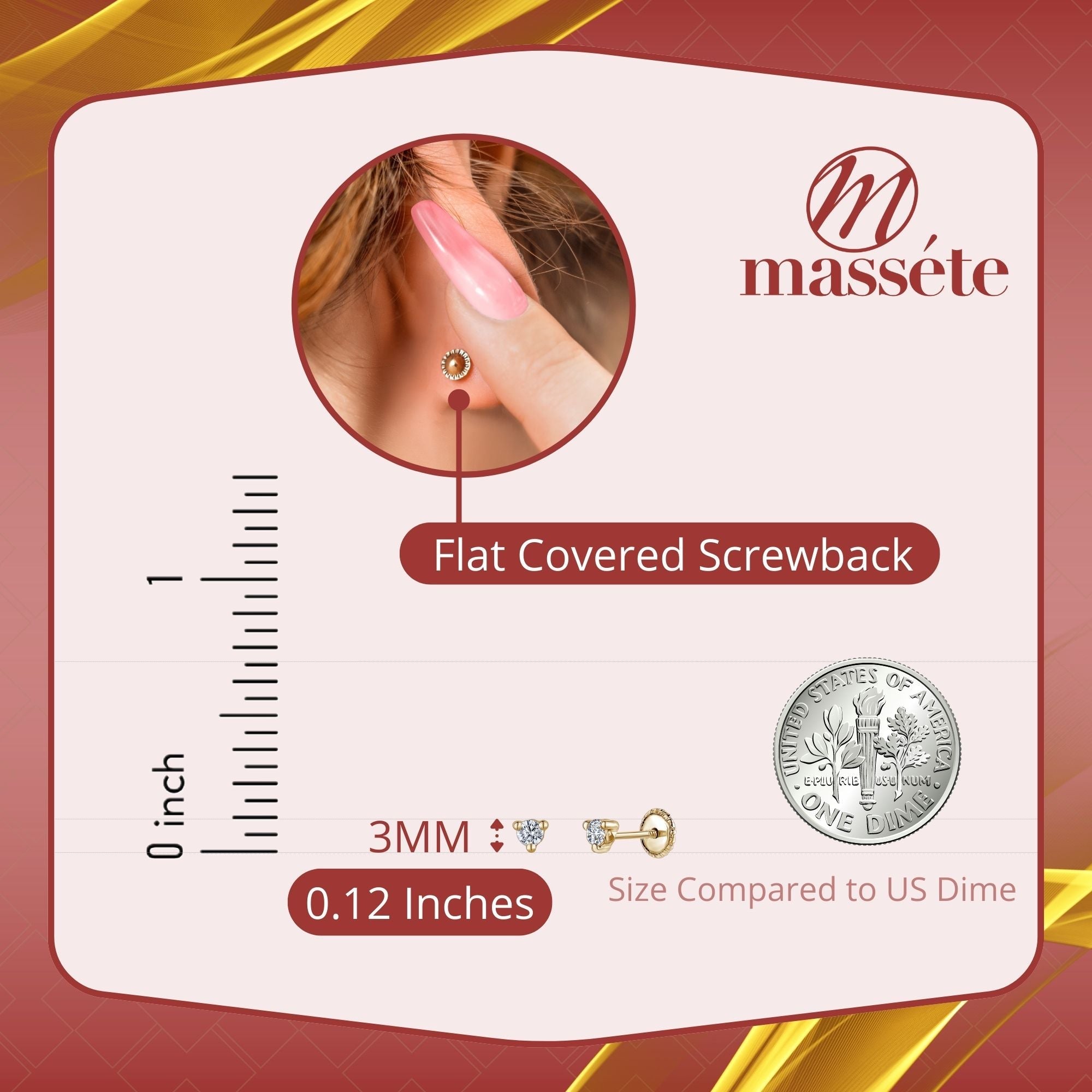 14k Gold 3 Prong Simulated Diamond Stud Earrings Martini Style| 3mm 4mm 5mm | Covered Screwback