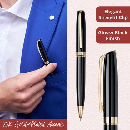 Massete Linea Executive Modern Luxury Ballpoint Pen, Glossy Black with 23K Gold Plated Trim, Twist to Open, Engravable, Presented in Gift Box, Extra Refill Included, Medium Tip, Black or Blue Ink