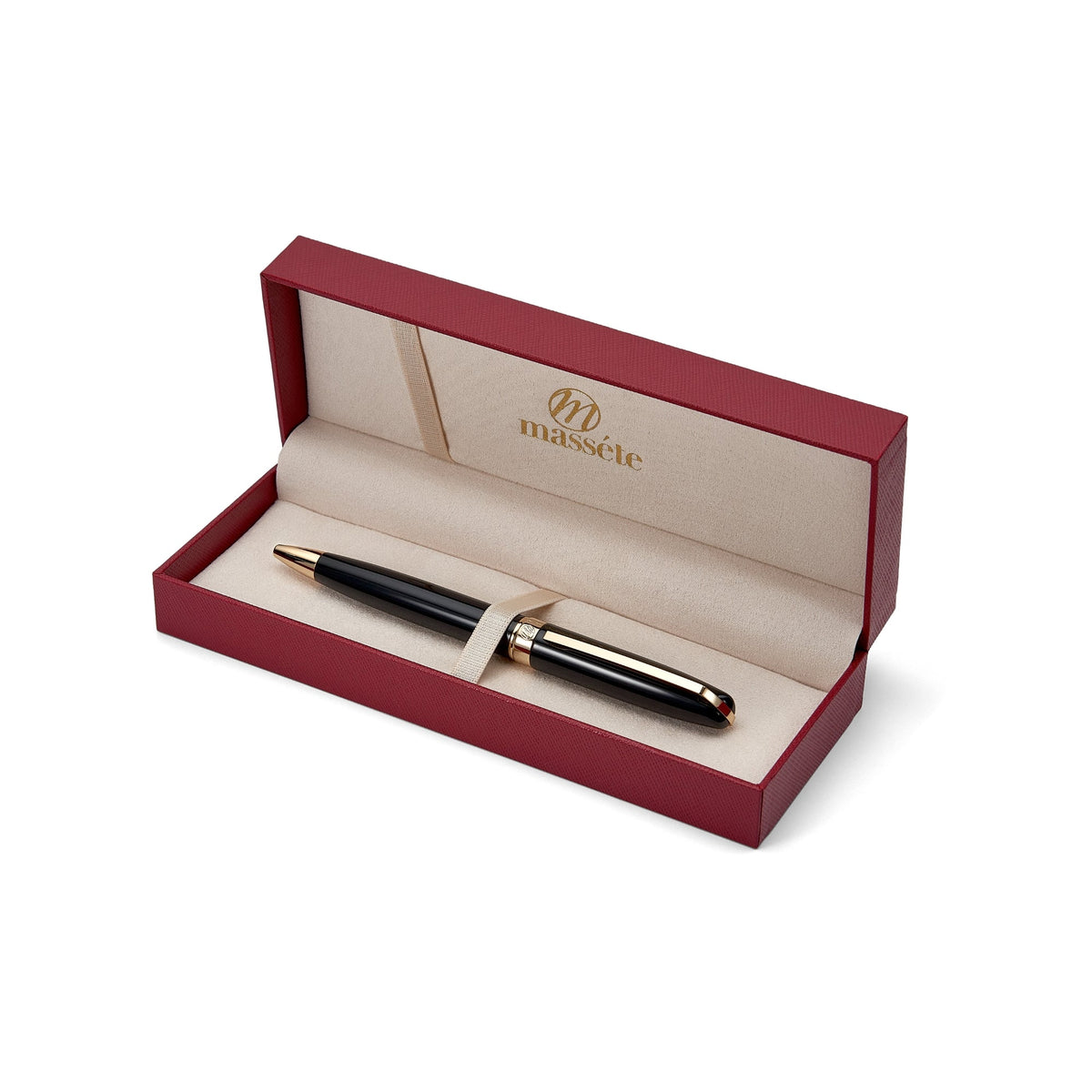Massete Linea Executive Modern Luxury Ballpoint Pen, Glossy Black with 23K Gold Plated Trim, Twist to Open, Engravable, Presented in Gift Box, Extra Refill Included, Medium Tip, Black or Blue Ink