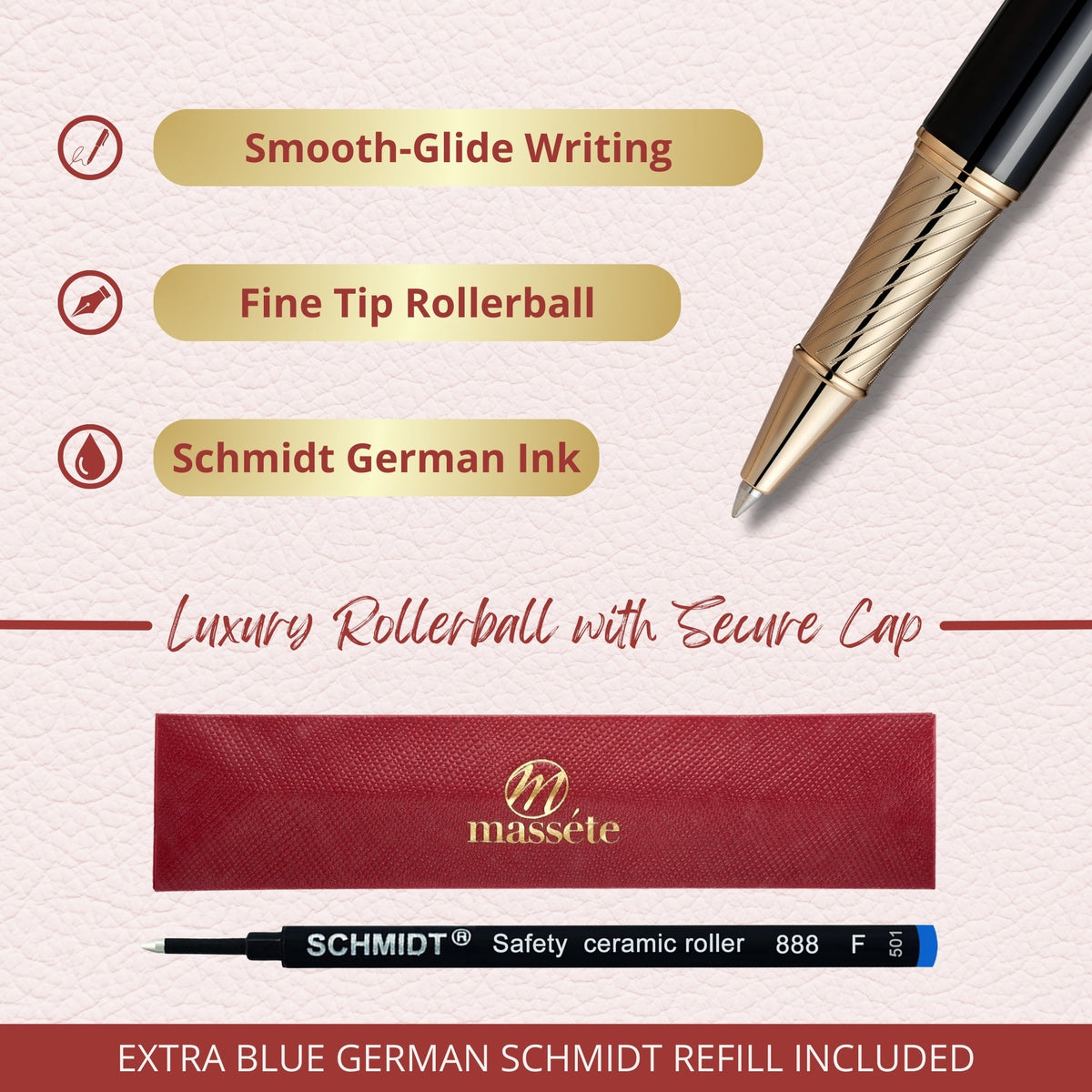 Massete Linea Executive Modern Luxury Rollerball Pen, Glossy Black with 23K Gold Plated Trim, Removable Cap, Engravable, Presented in Gift Box, Extra Refill Included, Fine Tip, Black or Blue Ink