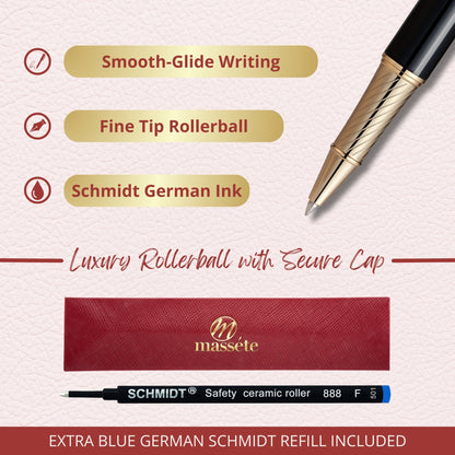 Massete Linea Executive Modern Luxury Rollerball Pen, Glossy Black with 23K Gold Plated Trim, Removable Cap, Engravable, Presented in Gift Box, Extra Refill Included, Fine Tip, Black or Blue Ink