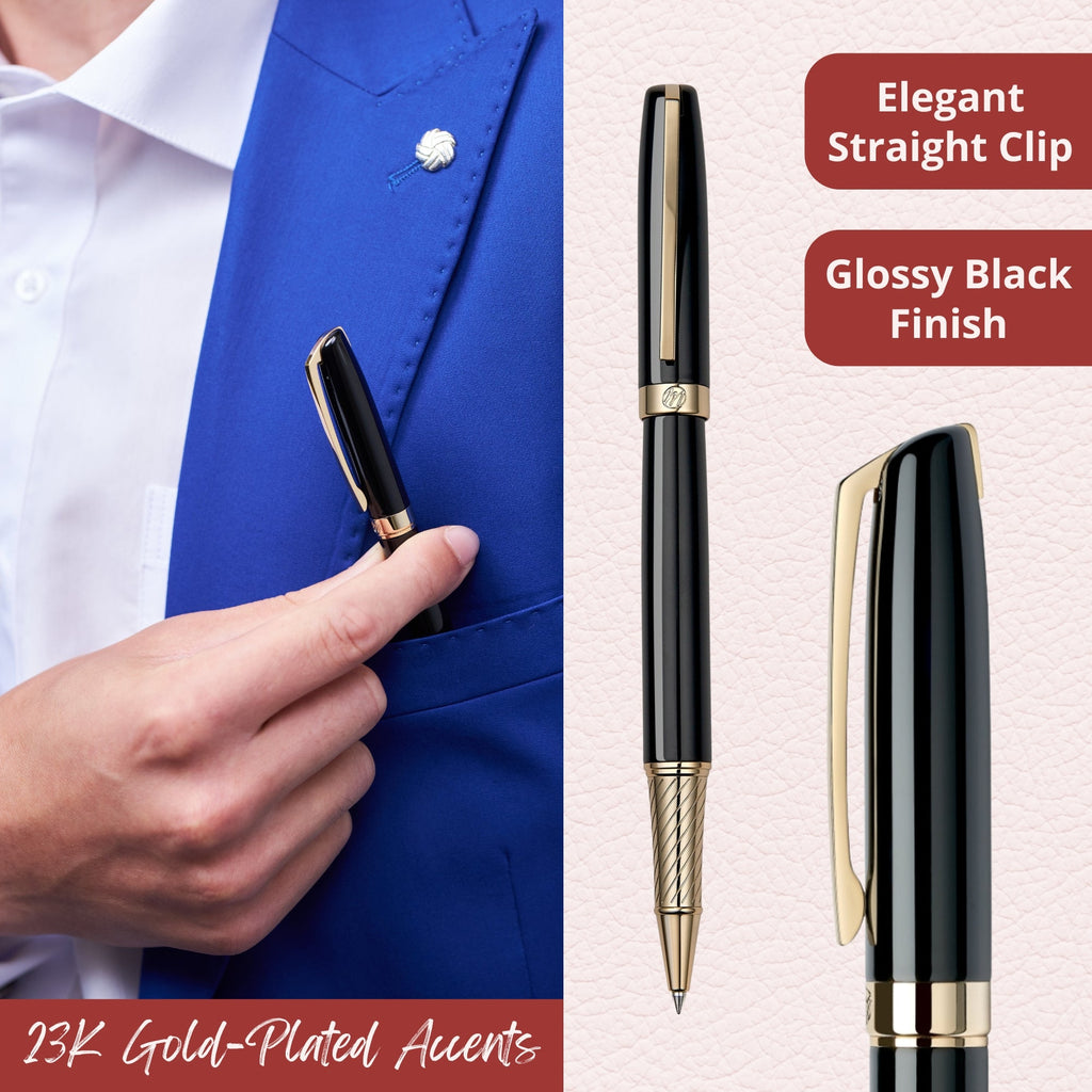 Massete Linea Executive Modern Luxury Rollerball Pen, Glossy Black with 23K Gold Plated Trim, Removable Cap, Engravable, Presented in Gift Box, Extra Refill Included, Fine Tip, Black or Blue Ink