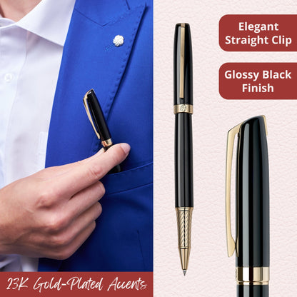 Massete Linea Executive Modern Luxury Rollerball Pen, Glossy Black with 23K Gold Plated Trim, Removable Cap, Engravable, Presented in Gift Box, Extra Refill Included, Fine Tip, Black or Blue Ink