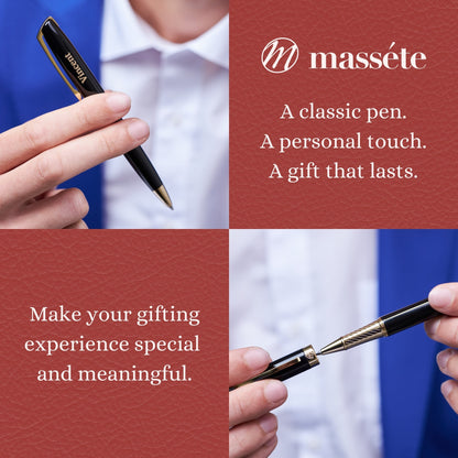 Massete Linea Executive Modern Luxury Rollerball Pen, Glossy Black with 23K Gold Plated Trim, Removable Cap, Engravable, Presented in Gift Box, Extra Refill Included, Fine Tip, Black or Blue Ink
