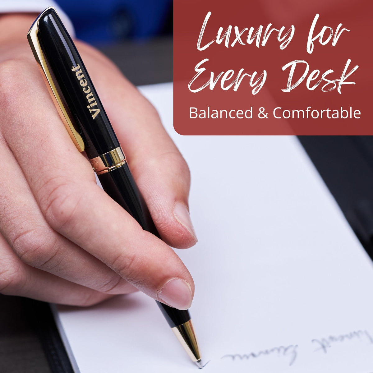 Massete Linea Executive Modern Luxury Rollerball Pen, Glossy Black with 23K Gold Plated Trim, Removable Cap, Engravable, Presented in Gift Box, Extra Refill Included, Fine Tip, Black or Blue Ink
