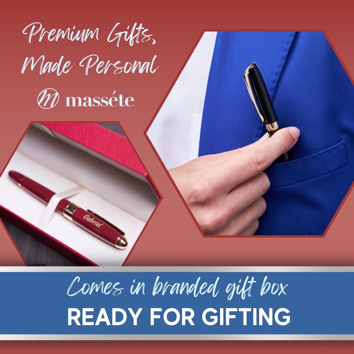 Massete Linea Executive Modern Luxury Rollerball Pen, Glossy Black with 23K Gold Plated Trim, Removable Cap, Engravable, Presented in Gift Box, Extra Refill Included, Fine Tip, Black or Blue Ink