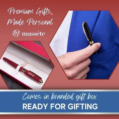 Massete Linea Executive Modern Luxury Rollerball Pen, Glossy Black with 23K Gold Plated Trim, Removable Cap, Engravable, Presented in Gift Box, Extra Refill Included, Fine Tip, Black or Blue Ink