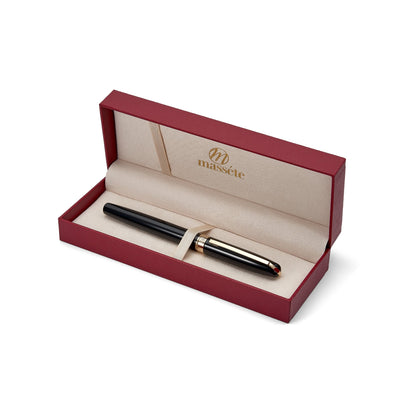 Massete Linea Executive Modern Luxury Rollerball Pen, Glossy Black with 23K Gold Plated Trim, Removable Cap, Engravable, Presented in Gift Box, Extra Refill Included, Fine Tip, Black or Blue Ink