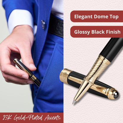 Massete Venero Executive Classic Luxury Rollerball Pen, Glossy Black, Red, or Blue with 23K Gold Plated Trim, Removable Cap, Engravable, Presented in Gift Box, Extra Refill Included, Fine Tip, Black or Blue Ink