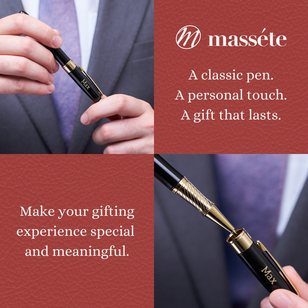 Massete Venero Executive Classic Luxury Rollerball Pen, Glossy Black, Red, or Blue with 23K Gold Plated Trim, Removable Cap, Engravable, Presented in Gift Box, Extra Refill Included, Fine Tip, Black or Blue Ink