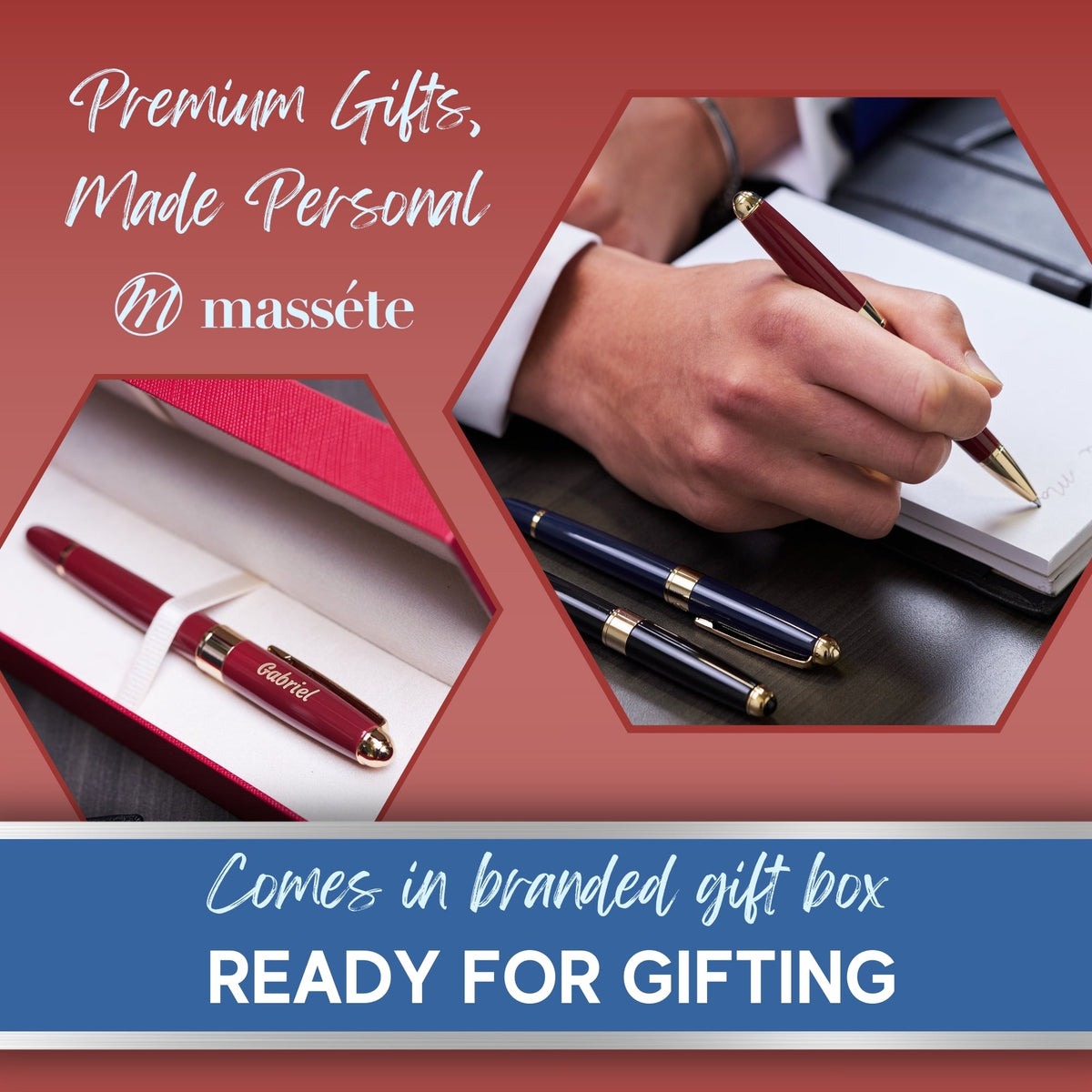 Massete Venero Executive Classic Luxury Rollerball Pen, Glossy Black, Red, or Blue with 23K Gold Plated Trim, Removable Cap, Engravable, Presented in Gift Box, Extra Refill Included, Fine Tip, Black or Blue Ink