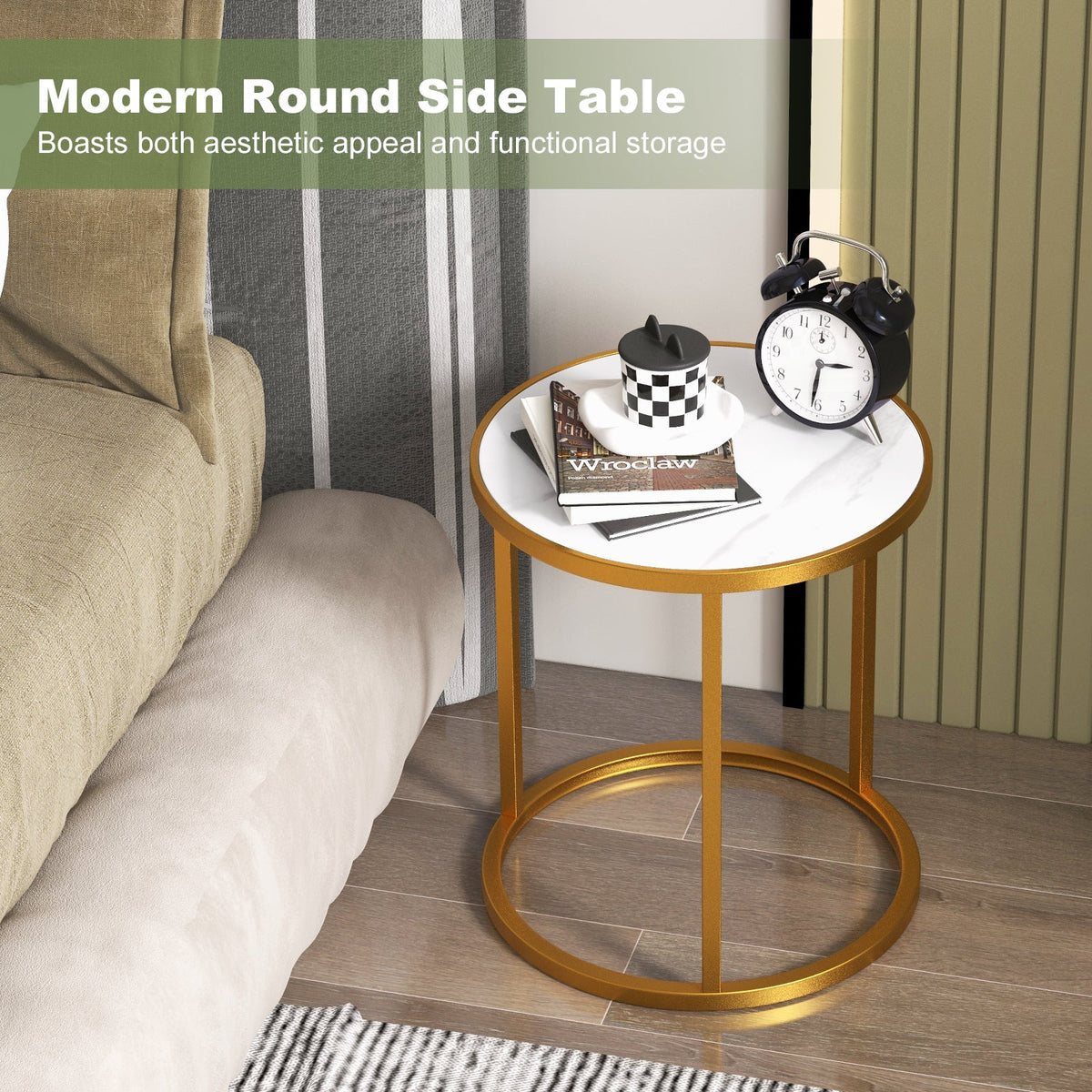 Marble Top Round Side Table 16-Inch End Table with Golden Metal Frame