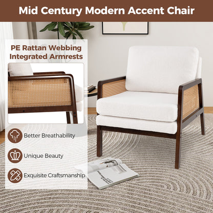 Mid Century Modern Accent Chair with Rattan Arms and Cushion