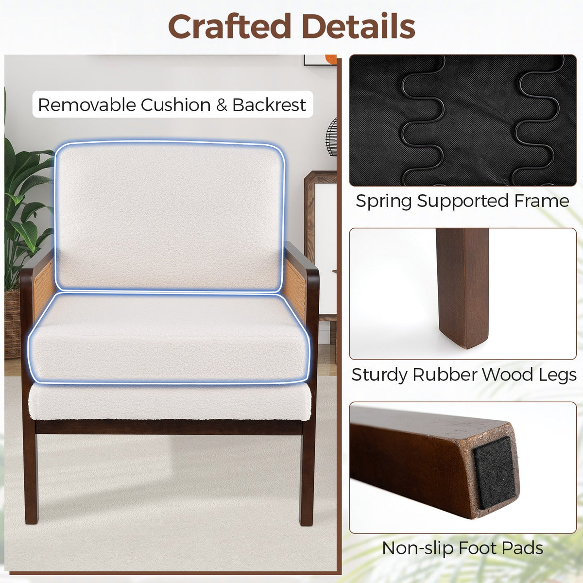 Mid Century Modern Accent Chair with Rattan Arms and Cushion