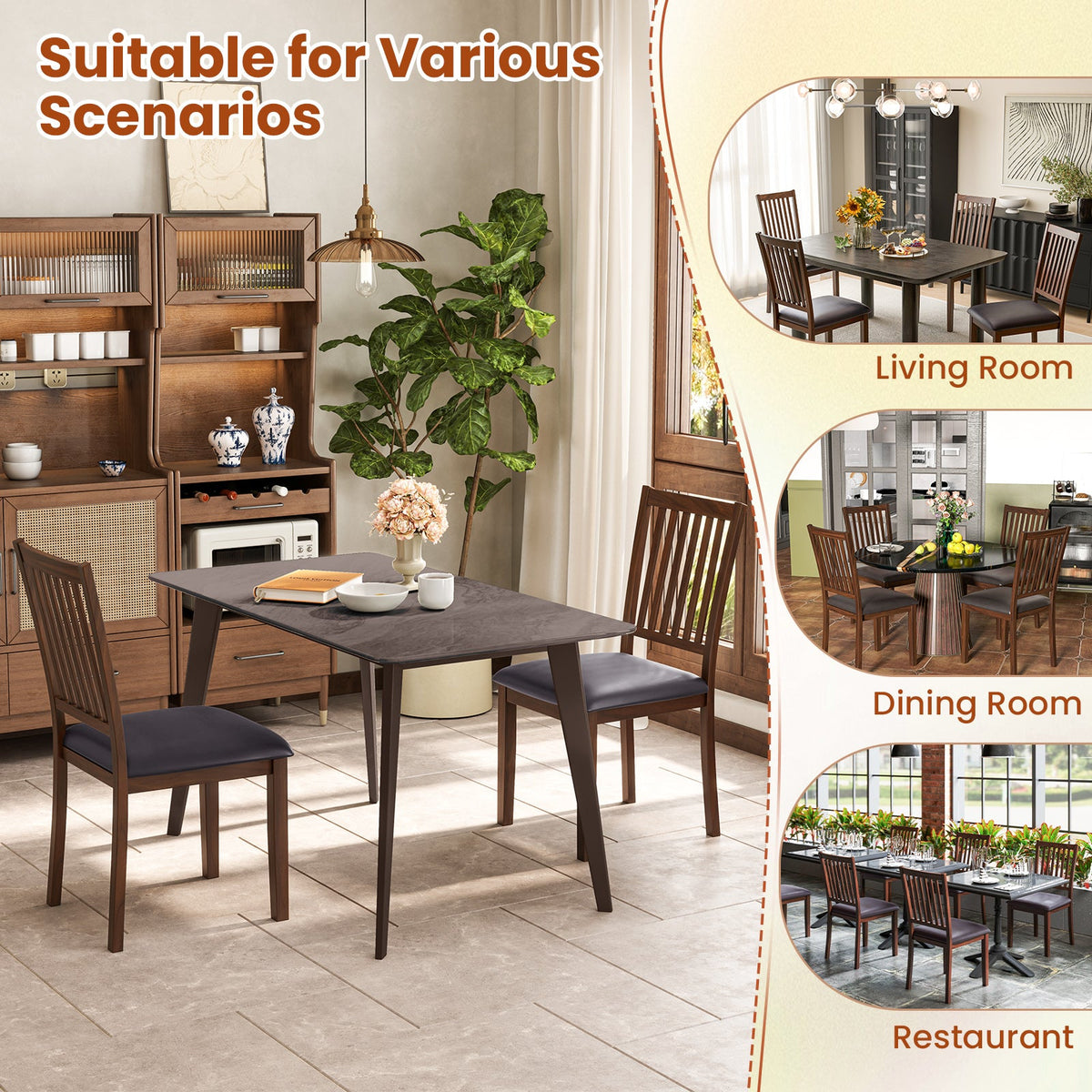 Upholstered Modern Dining Chair Set of 2 with Slanted High Backrest-Brown