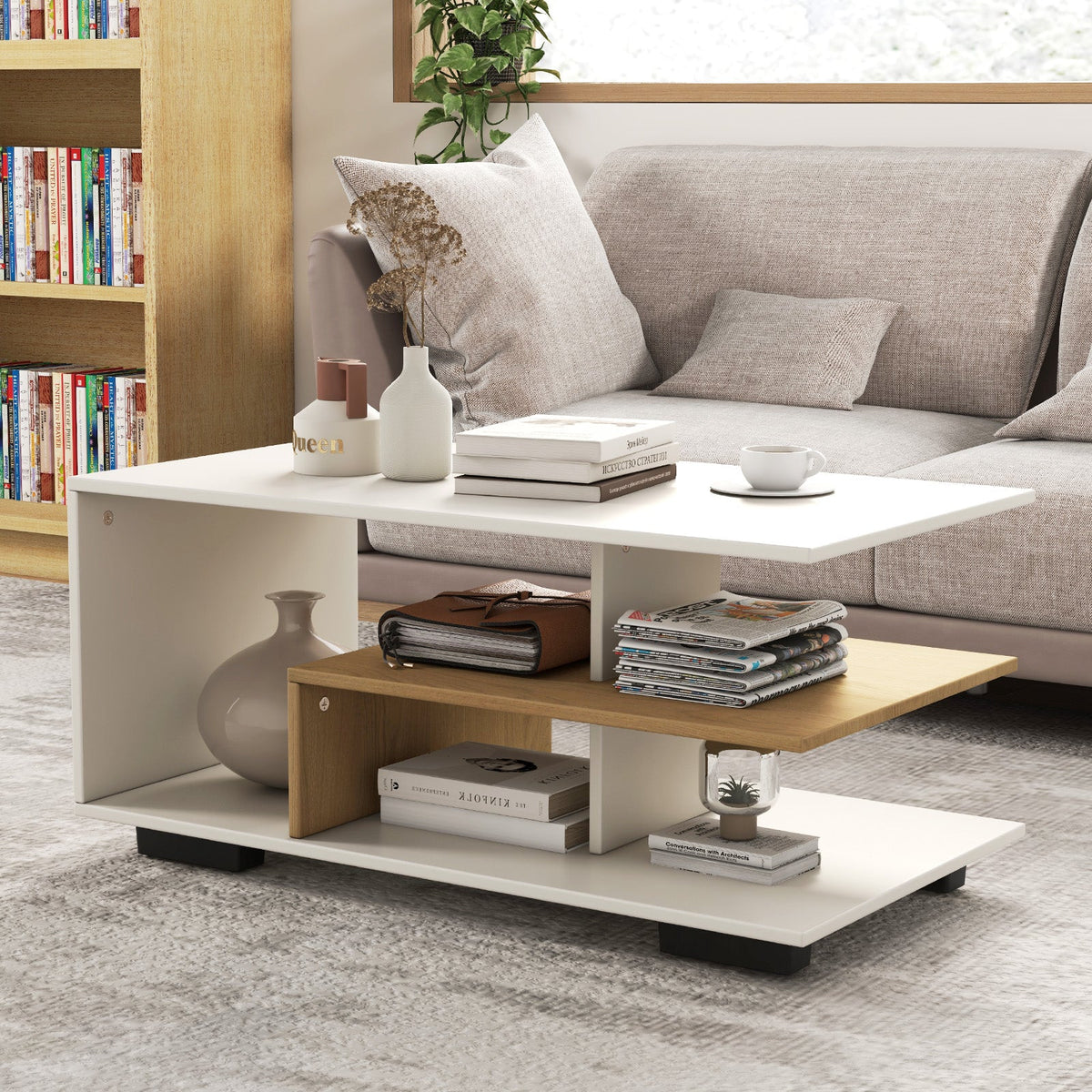 Rectangular Coffee Table with L-shaped Middle Shelf