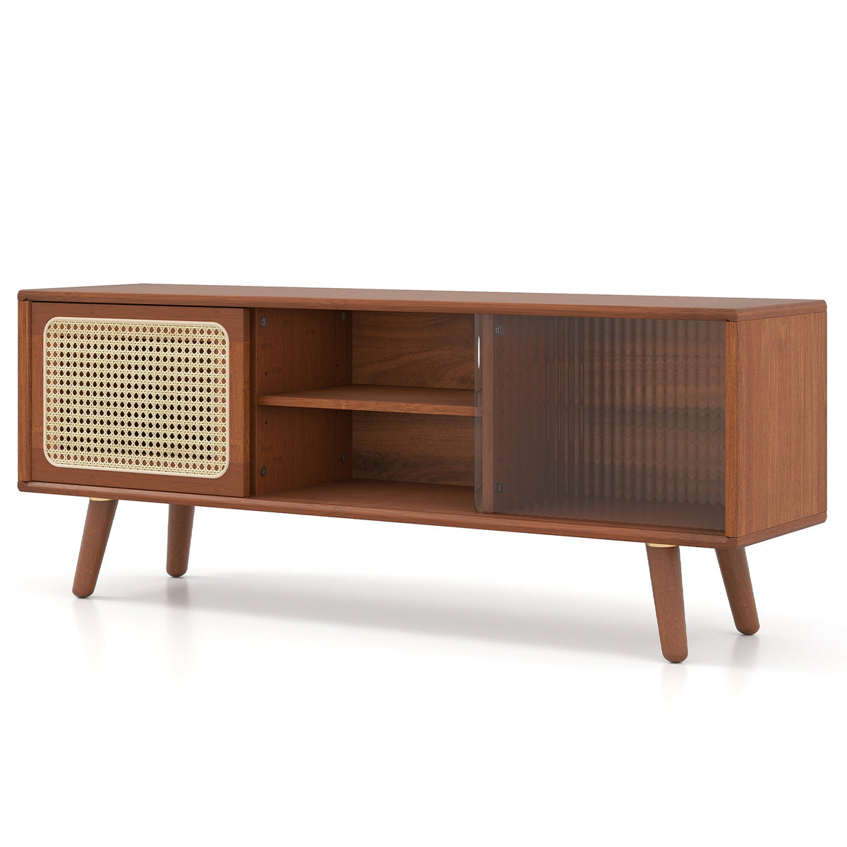Modern TV Stand with Rattan Glass Sliding Doors