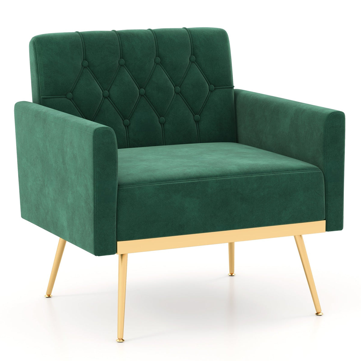Modern Velvet Accent Chair with Button Tufted Back Golden Metal Legs and Adjustable Foot Pads