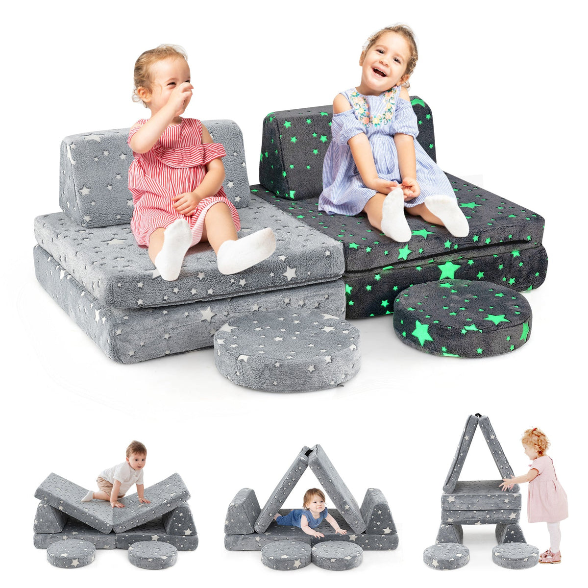 Modular Kids Play Couch Set Glow in the Dark with Portable Handles-Gray