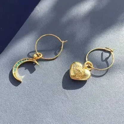 Crystal Moon Earrings | Turquoise Moon & Heart Charm Hoops - Femstylo