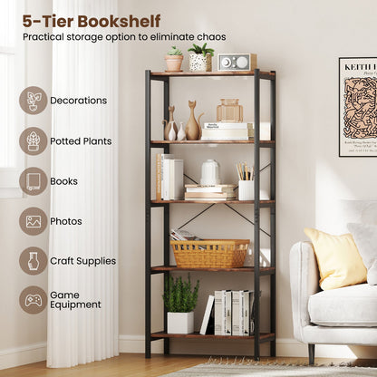 5-Tier Industrial Bookshelf Display Storage Rack with Metal Frame