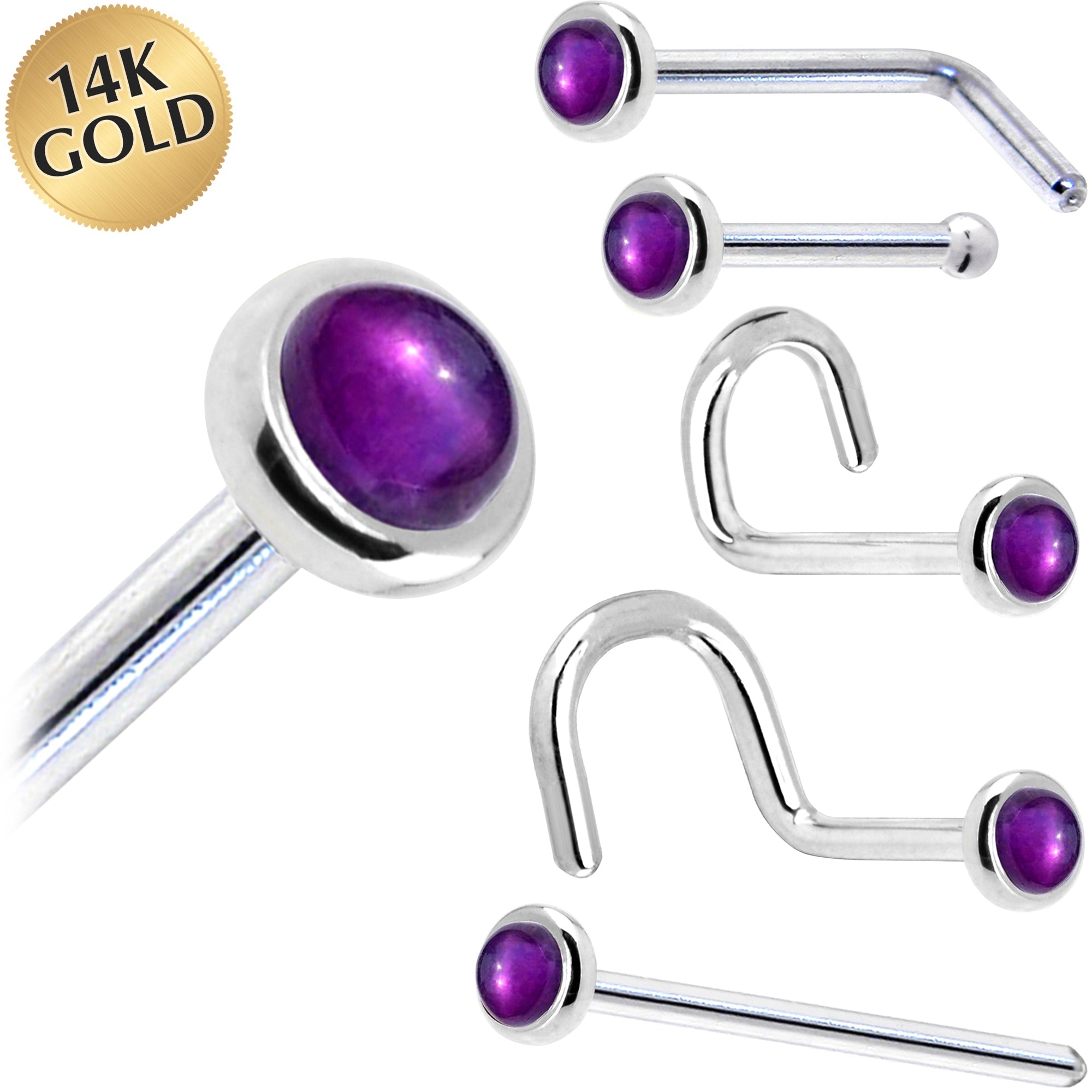 Solid 14K White Gold 2mm Genuine Amethyst Nose Ring