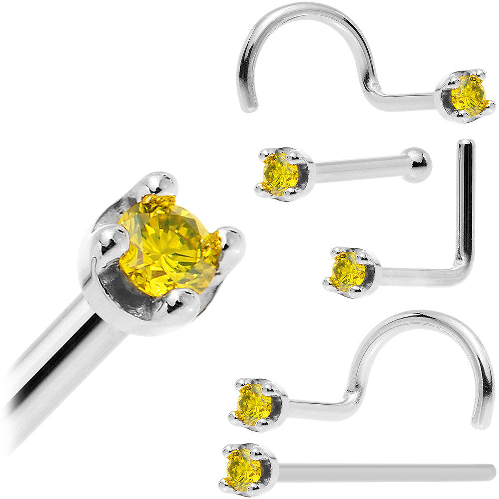 Solid 14K White Gold 1.5mm Genuine Yellow Diamond Nose Ring