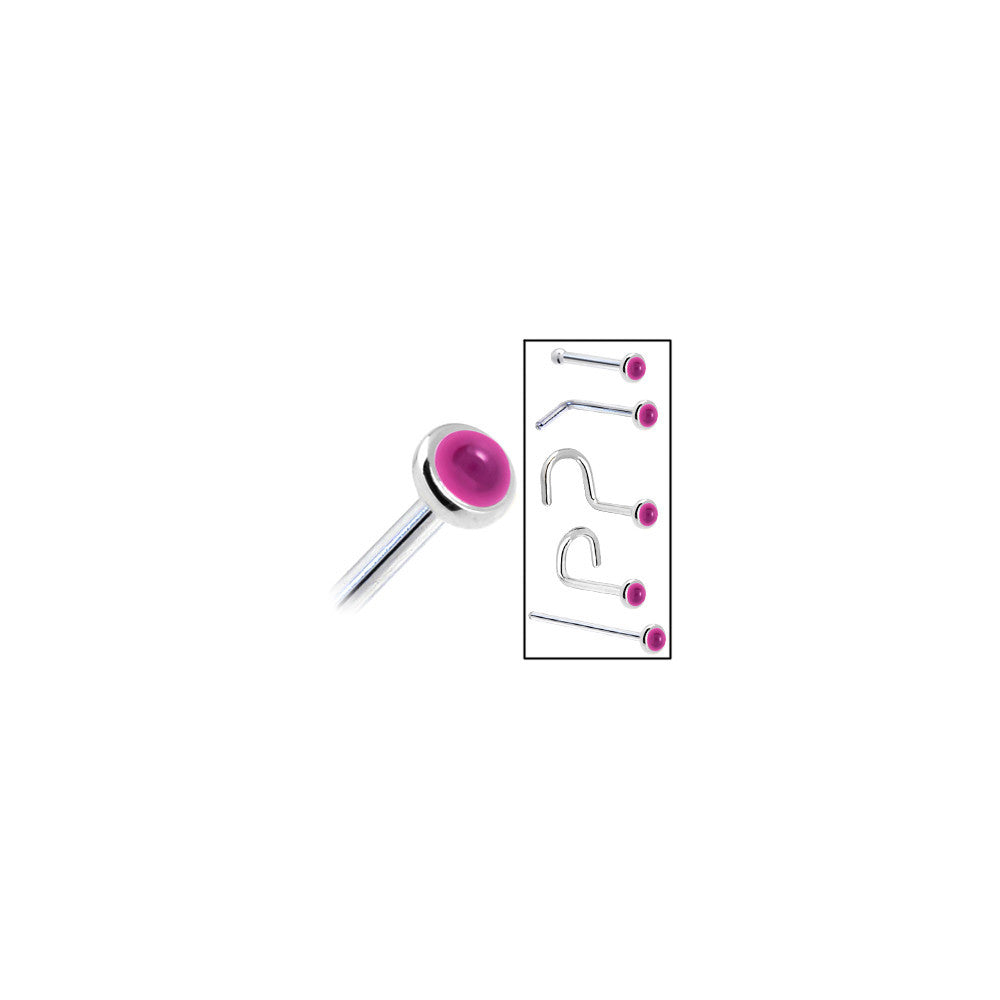 Solid 14K White Gold 2mm Genuine Pink Garnet Nose Ring