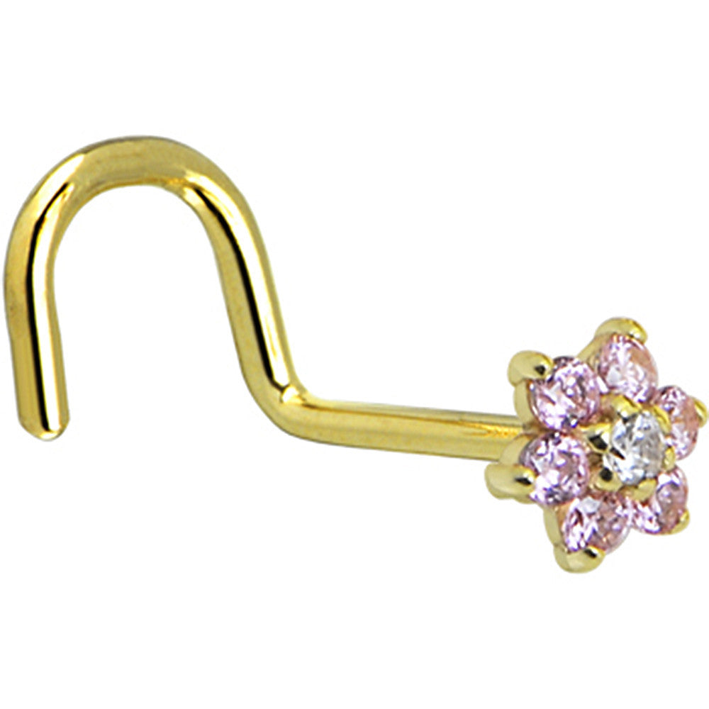 Solid 14K Yellow Gold Pink and Clear Cubic Zirconia Flower Nose Ring