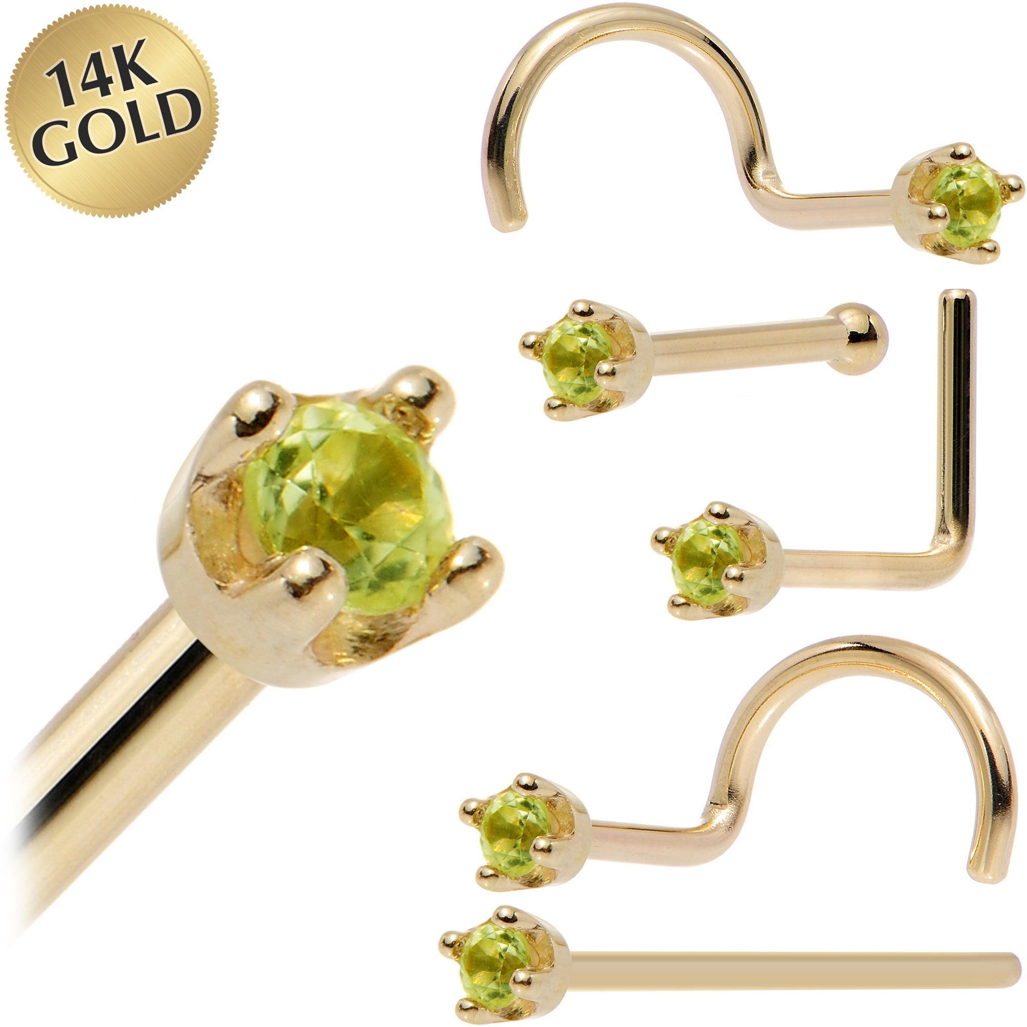 Solid 14K Yellow Gold 1.5mm Genuine Peridot Nose Ring
