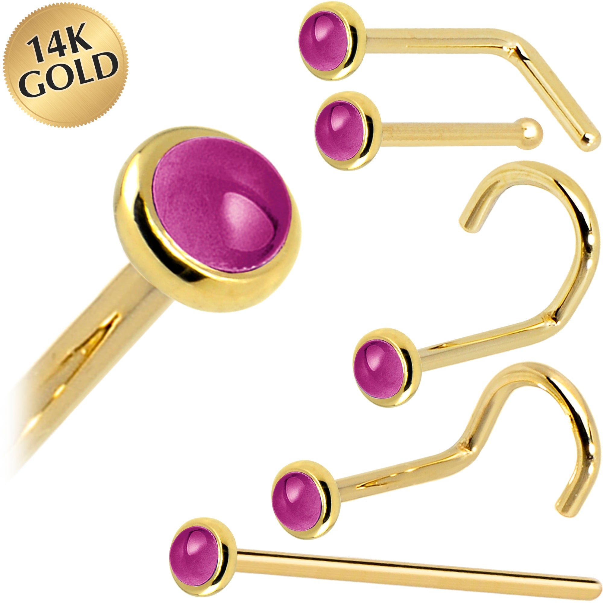 Solid 14K Yellow Gold 2mm Genuine Pink Garnet Nose Ring