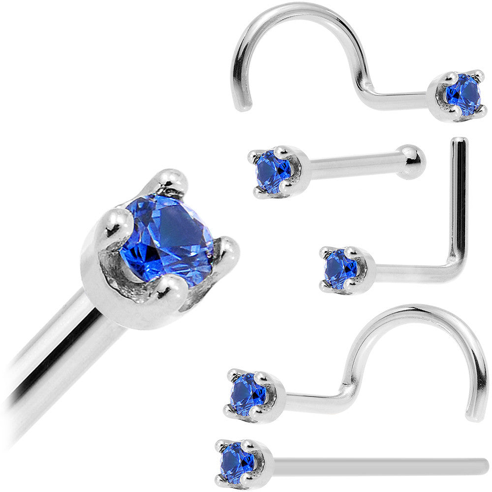 Solid 14K White Gold 1.5mm Genuine Blue Sapphire Nose Stud Ring