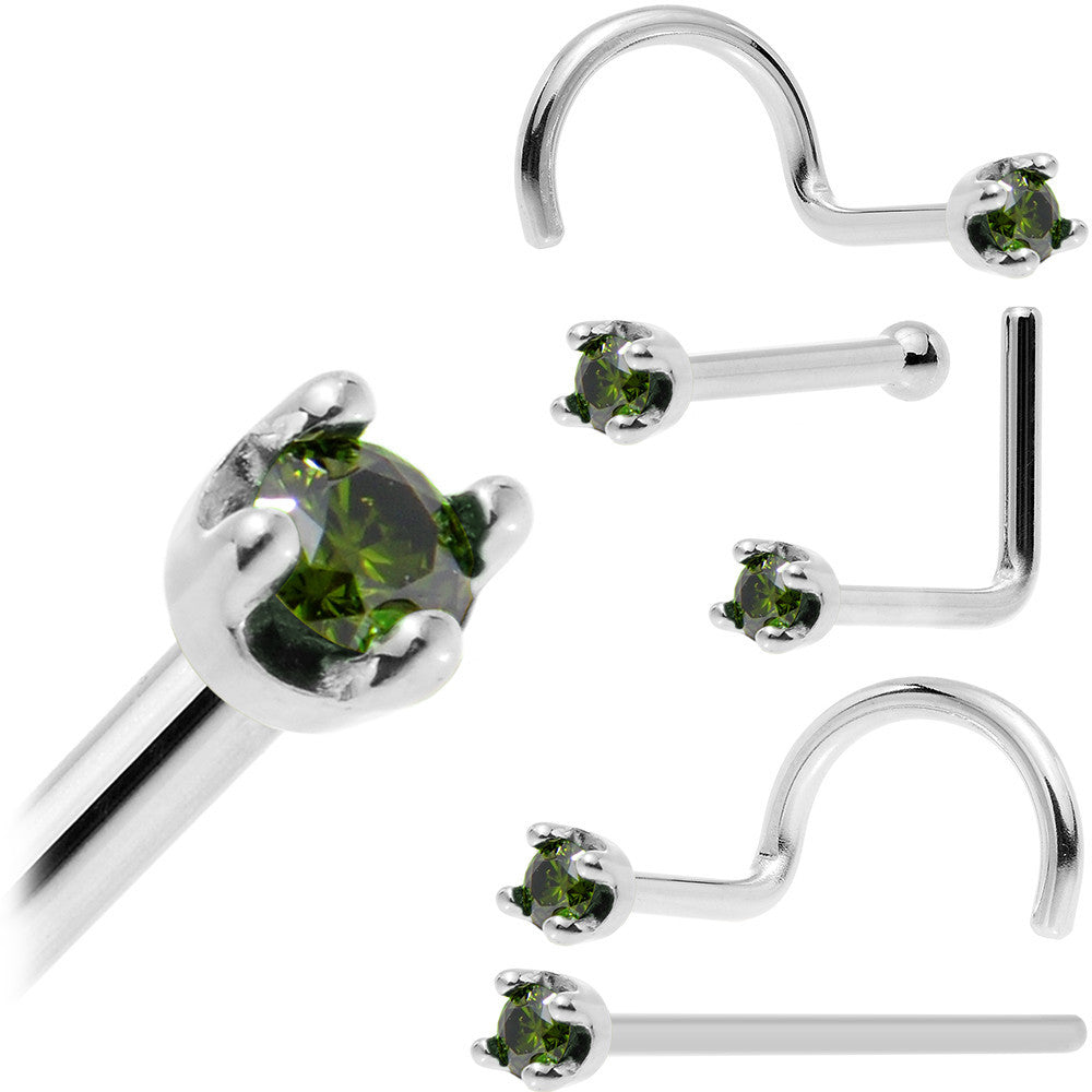 Solid 18K White Gold 1.5mm Genuine Green Diamond Nose Ring