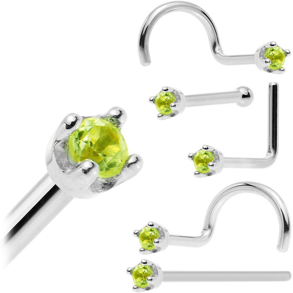 Solid 14K White Gold 1.5mm Genuine Peridot Nose Ring