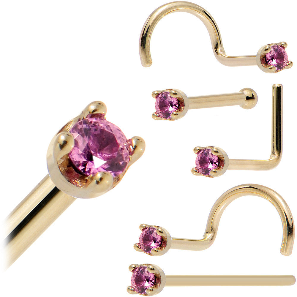 Solid 18K Yellow Gold 1.5mm Genuine Pink Sapphire Nose Ring