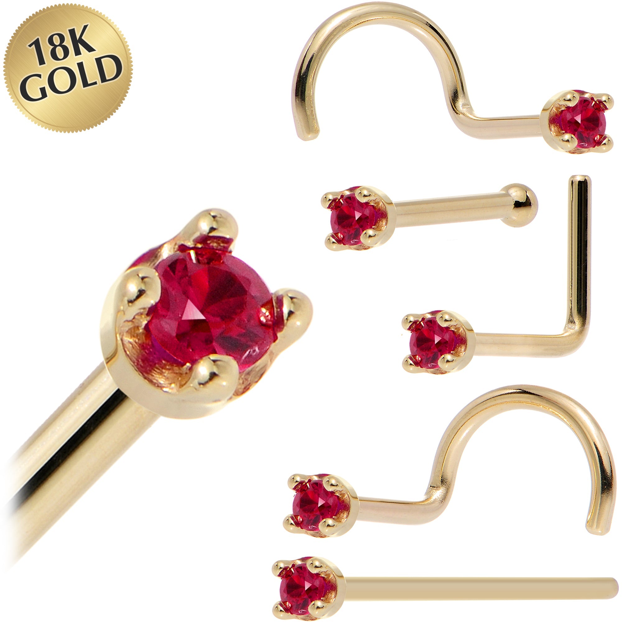 Solid 18K Yellow Gold 1.5mm Diamond Cut Genuine Ruby Nose Ring