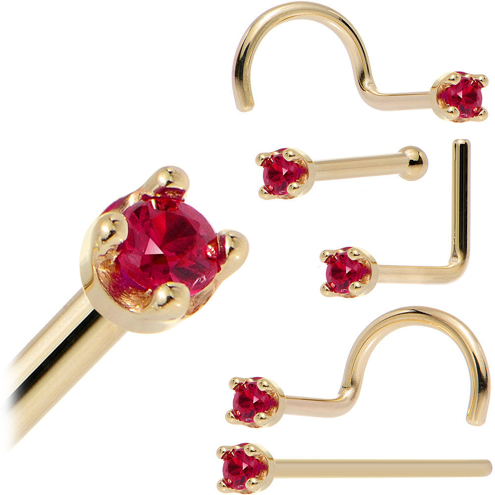 Solid 18K Yellow Gold 1.5mm Diamond Cut Genuine Ruby Nose Ring