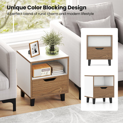 Nightstand with Drawer and Open Storage Shelf for Bedroom-White