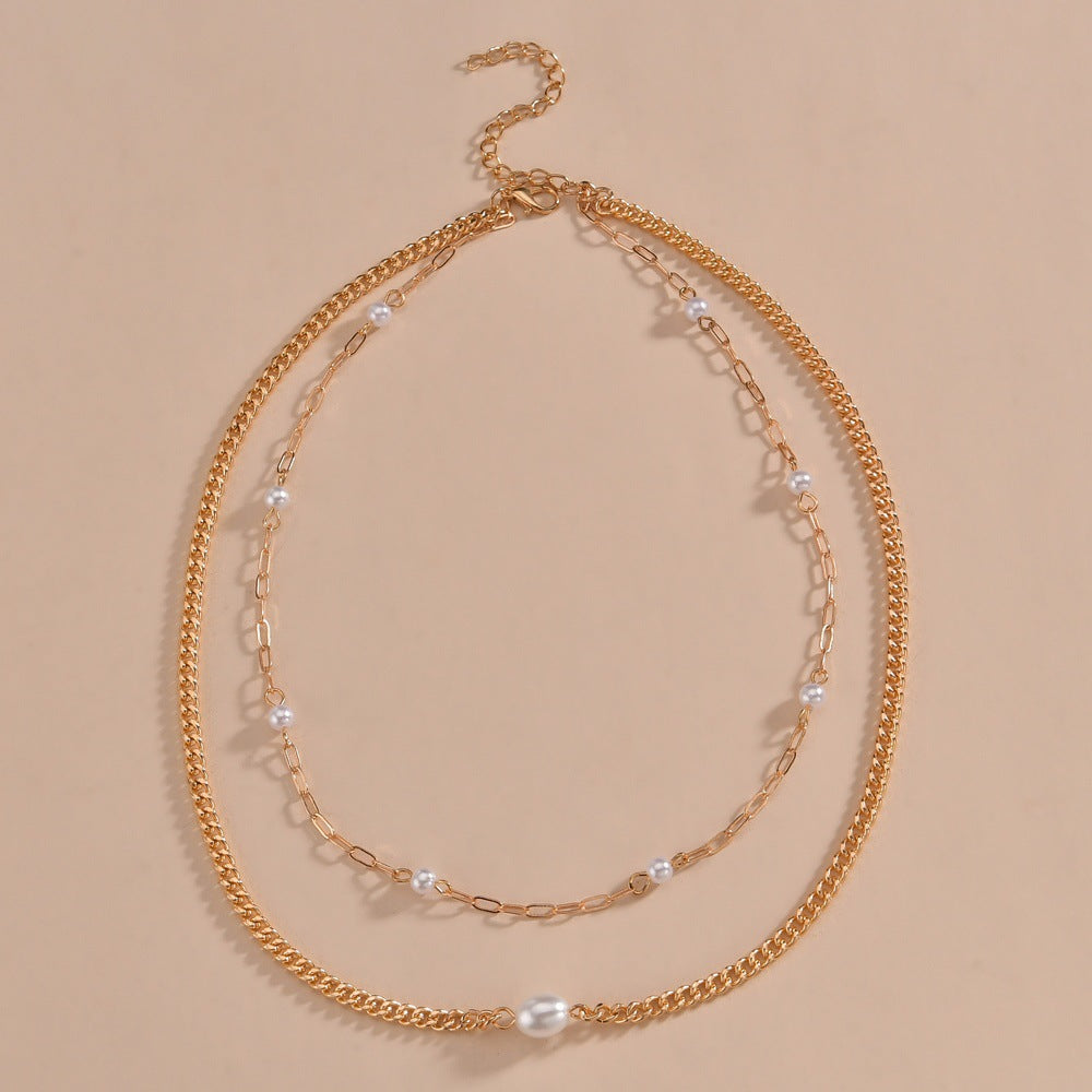 Plain Chain Layer Faux Pearl Choker Jewelry Necklace