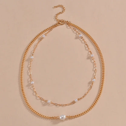 Plain Chain Layer Faux Pearl Choker Jewelry Necklace