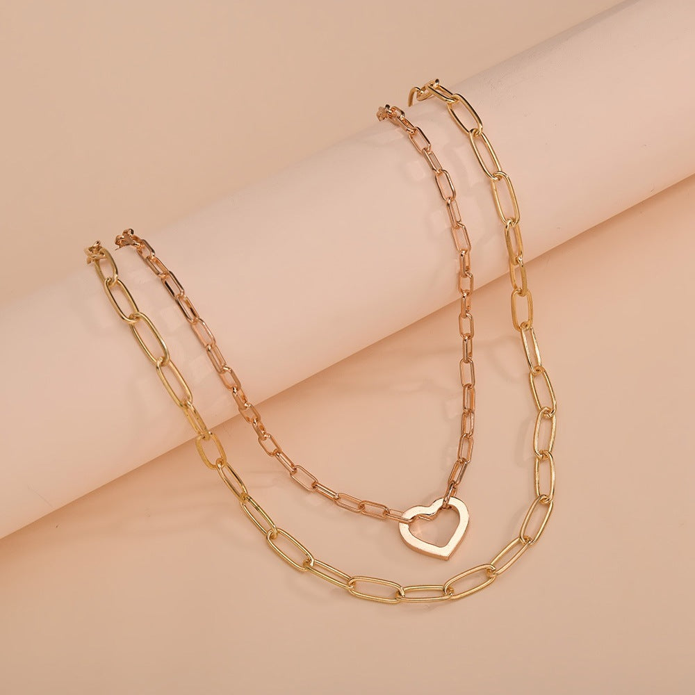 Punk Chunky Choker Double Heart Multi Layer Paper Clip Necklace
