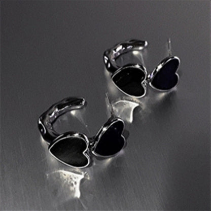 Vintage Goth Black Enamel Heart Stud Earrings