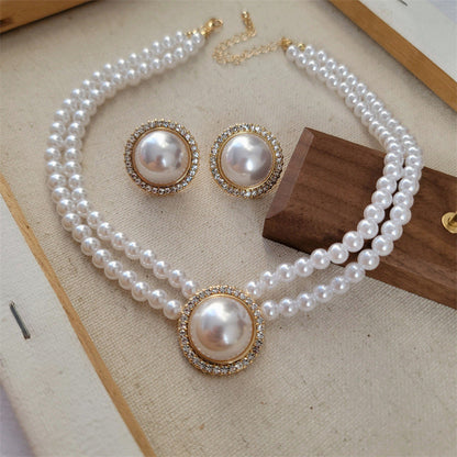 Vintage Bridal Pearl Stud Earrings Ring Pearl Beaded Rhinestone Choker Necklace Jewelry Set